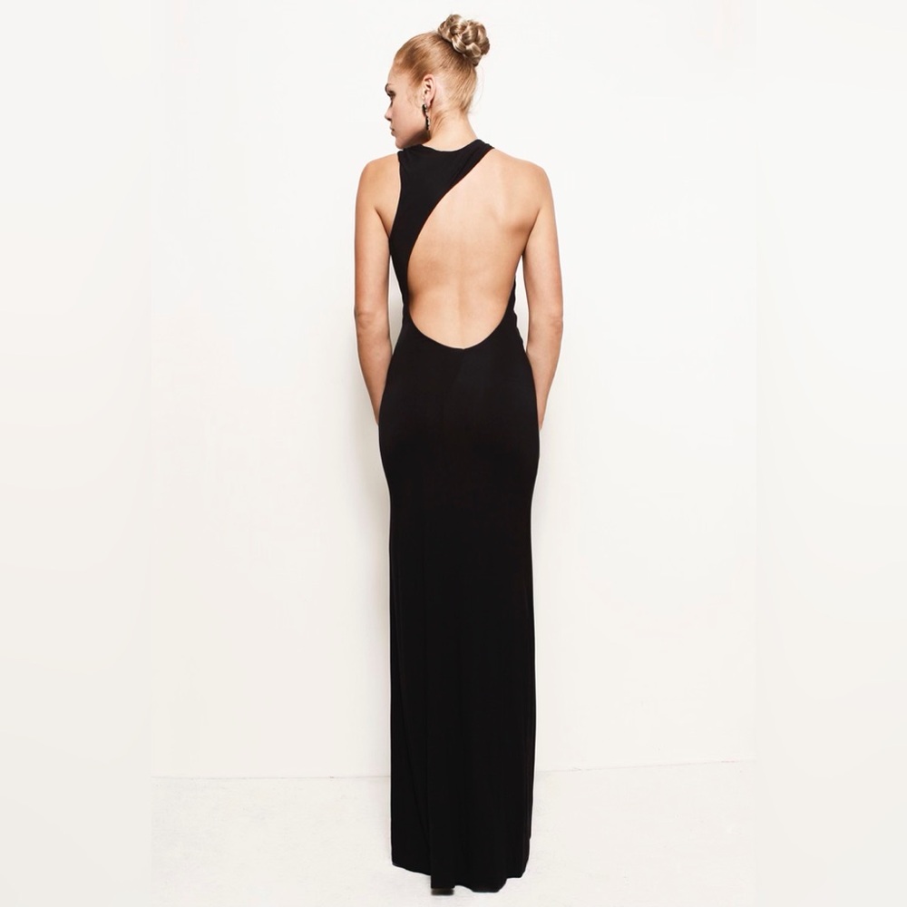NWT NEW Black Backless Cut Out Gown Dress Mesh Lined Long Maxi Asymmetrical XS S